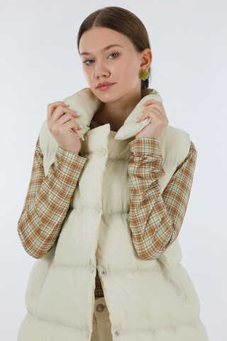 Dik Yaka Şişme Yelek Ekru - 4