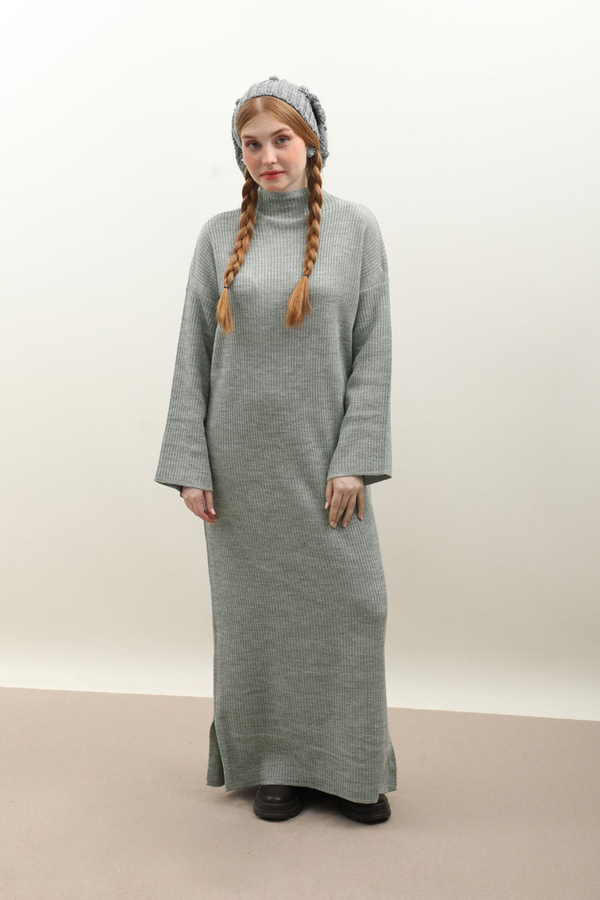 Dik Yaka Triko Elbise Gri - 3