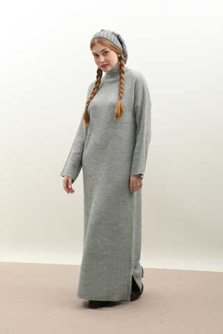 Dik Yaka Triko Elbise Gri - 4