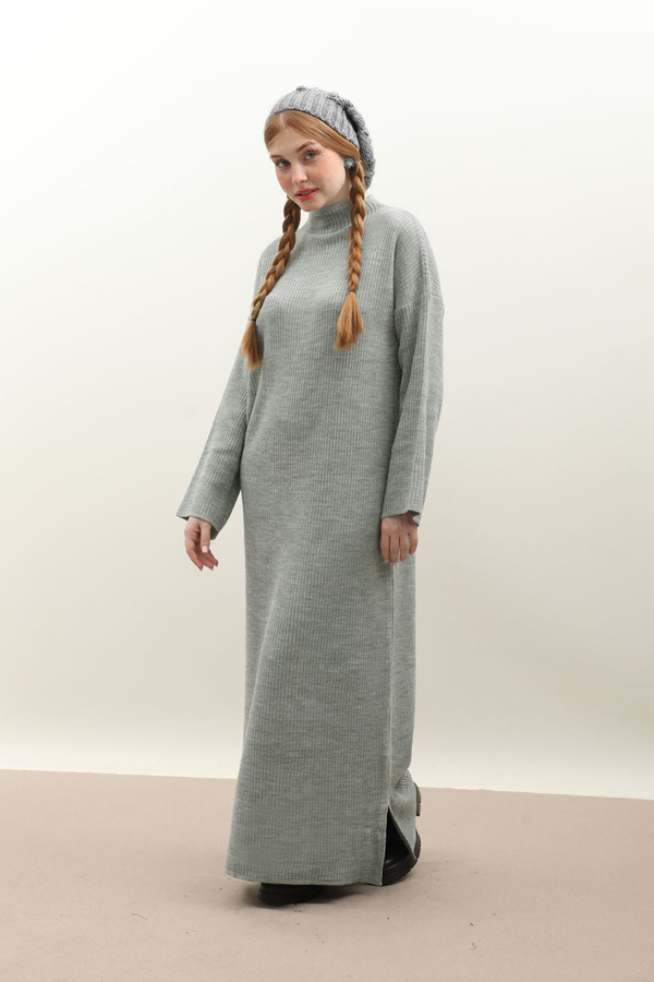 Dik Yaka Triko Elbise Gri - 4