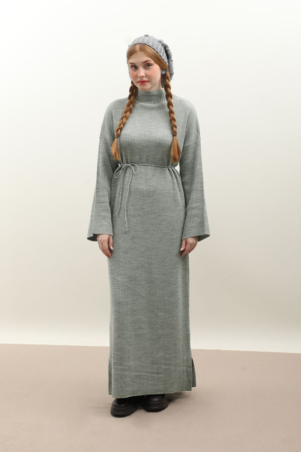 Dik Yaka Triko Elbise Gri - 2