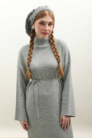 Dik Yaka Triko Elbise Gri - 1