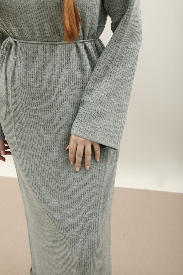 Dik Yaka Triko Elbise Gri - 7