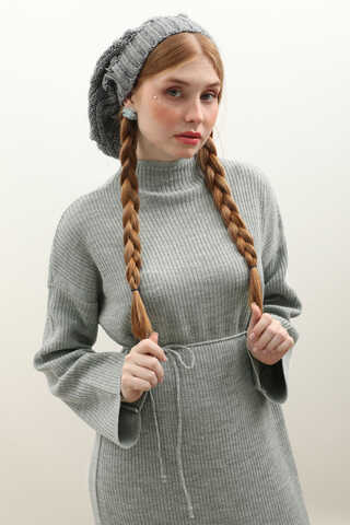 Dik Yaka Triko Elbise Gri - 10