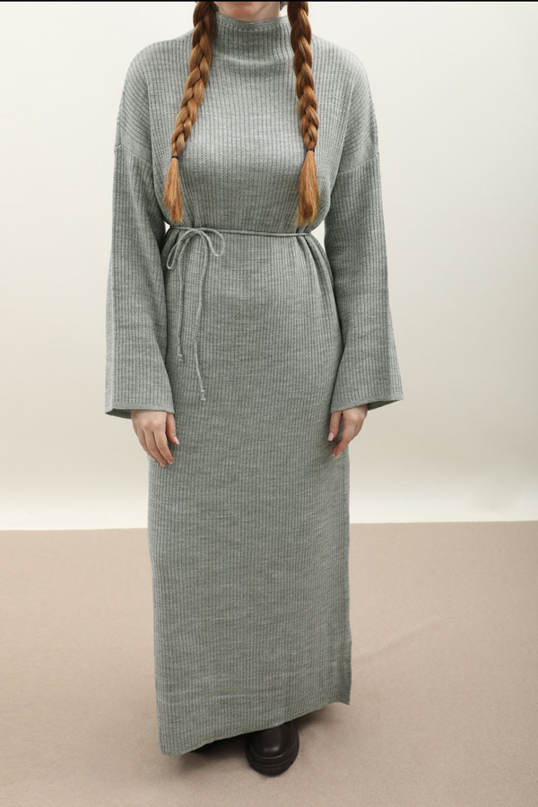 Dik Yaka Triko Elbise Gri - 11