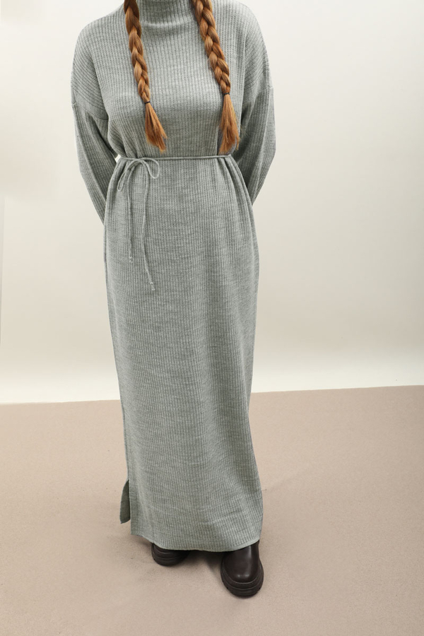 Dik Yaka Triko Elbise Gri - 13