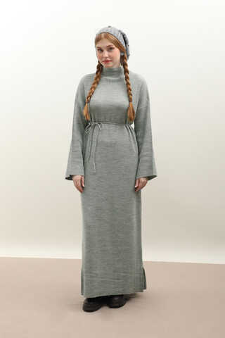 Dik Yaka Triko Elbise Gri - 2