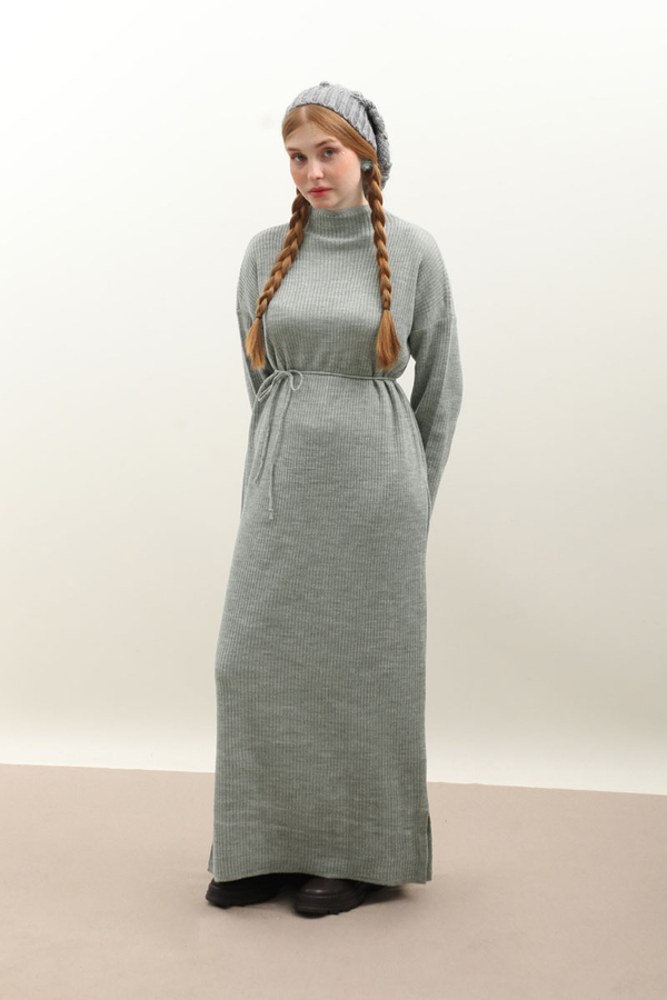 Dik Yaka Triko Elbise Gri - 5