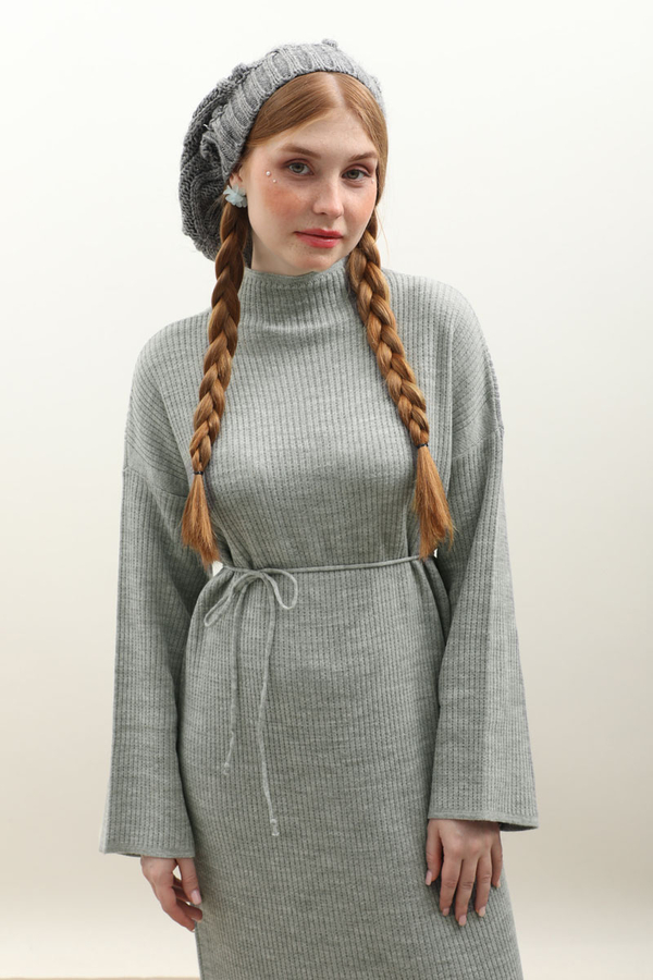 Dik Yaka Triko Elbise Gri - 1