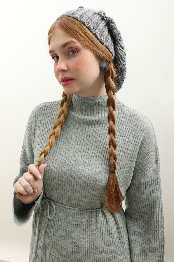 Dik Yaka Triko Elbise Gri - 6