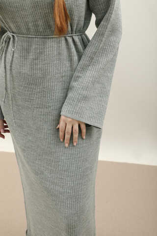 Dik Yaka Triko Elbise Gri - 7