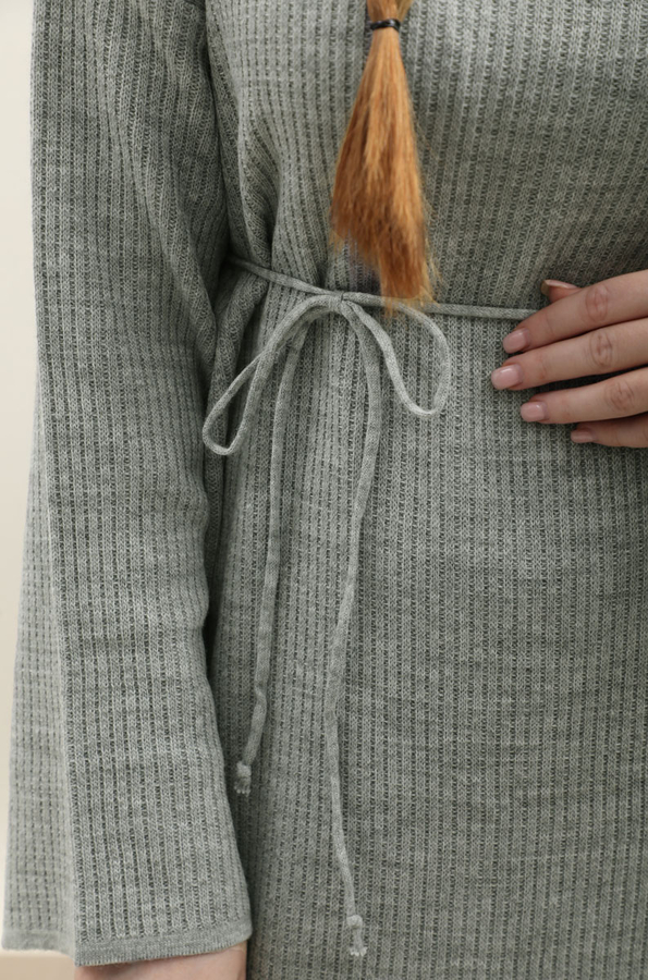 Dik Yaka Triko Elbise Gri - 8