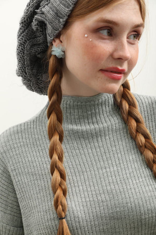 Dik Yaka Triko Elbise Gri - 9