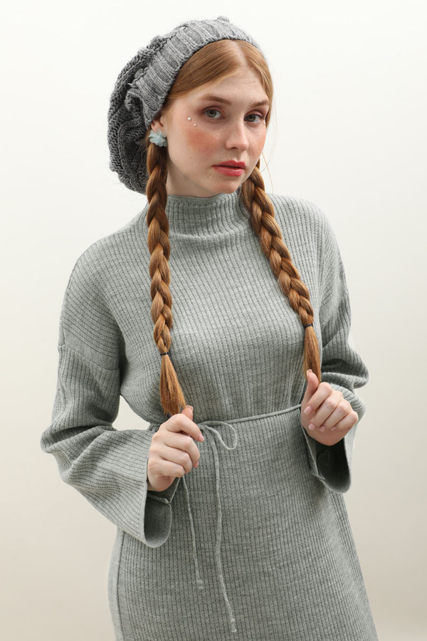 Dik Yaka Triko Elbise Gri - 10