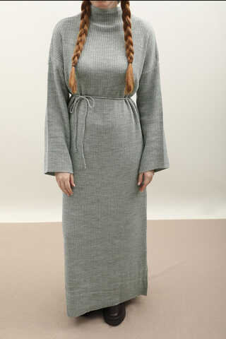 Dik Yaka Triko Elbise Gri - 11