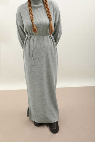 Dik Yaka Triko Elbise Gri - 13