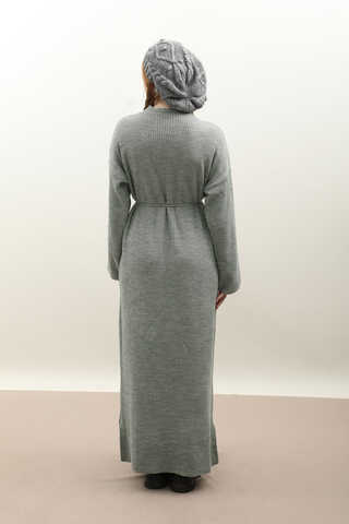 Dik Yaka Triko Elbise Gri - 14