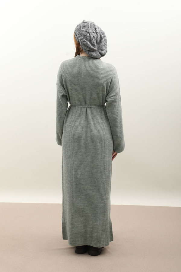 Dik Yaka Triko Elbise Gri - 14