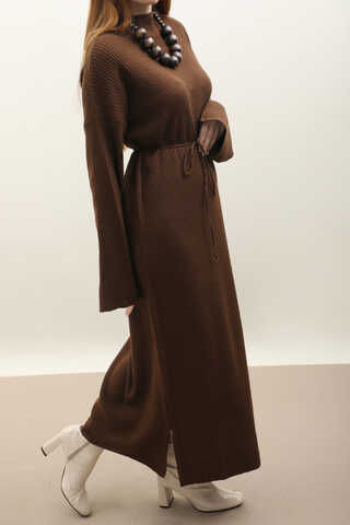 Dik Yaka Triko Elbise Kahverengi - 4