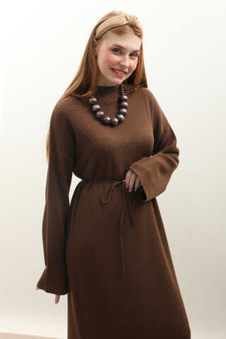 Dik Yaka Triko Elbise Kahverengi - 5