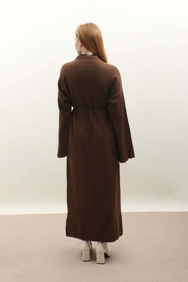 Dik Yaka Triko Elbise Kahverengi - 10