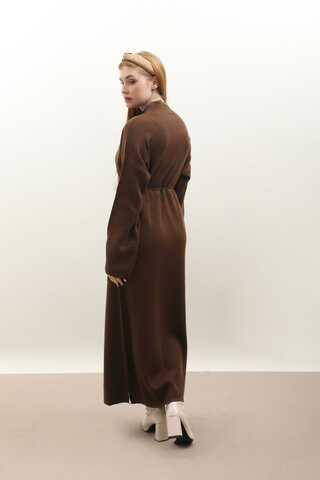 Dik Yaka Triko Elbise Kahverengi - 11