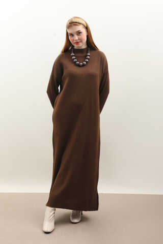 Dik Yaka Triko Elbise Kahverengi - 1