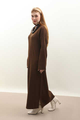 Dik Yaka Triko Elbise Kahverengi - 3