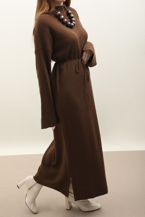 Dik Yaka Triko Elbise Kahverengi - 4