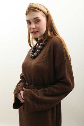 Dik Yaka Triko Elbise Kahverengi - 6