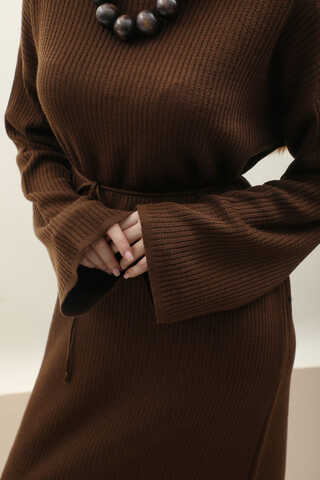 Dik Yaka Triko Elbise Kahverengi - 7