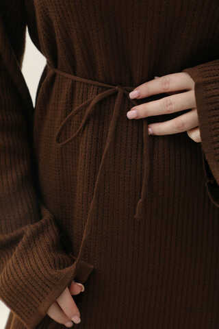 Dik Yaka Triko Elbise Kahverengi - 8