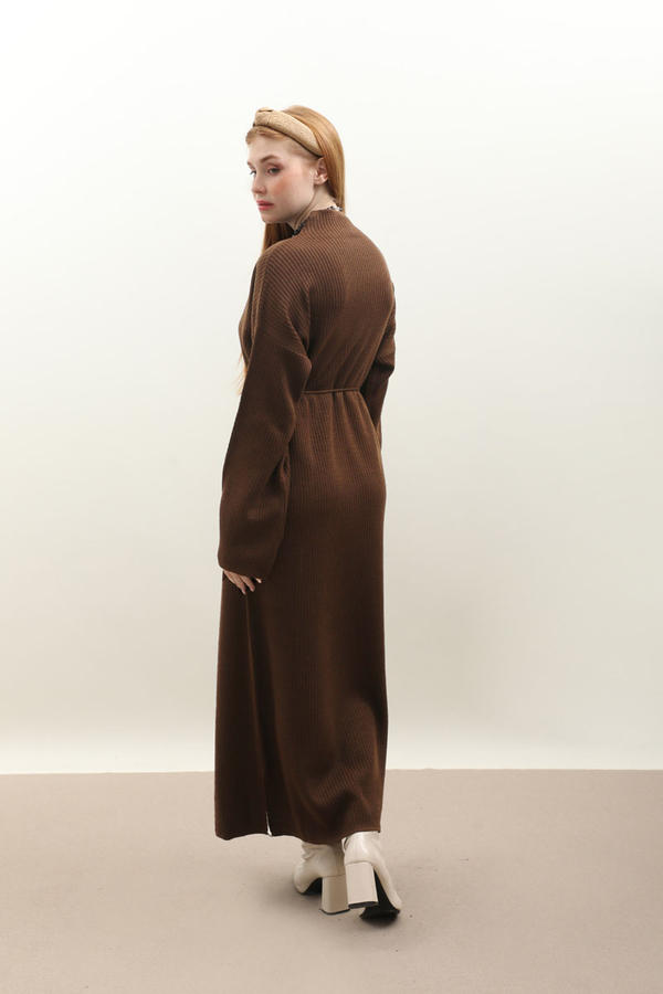 Dik Yaka Triko Elbise Kahverengi - 11