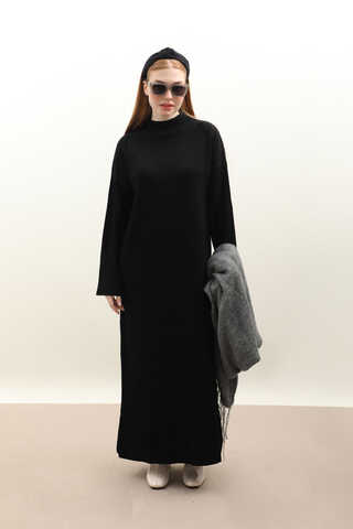 Dik Yaka Triko Elbise Siyah - 4