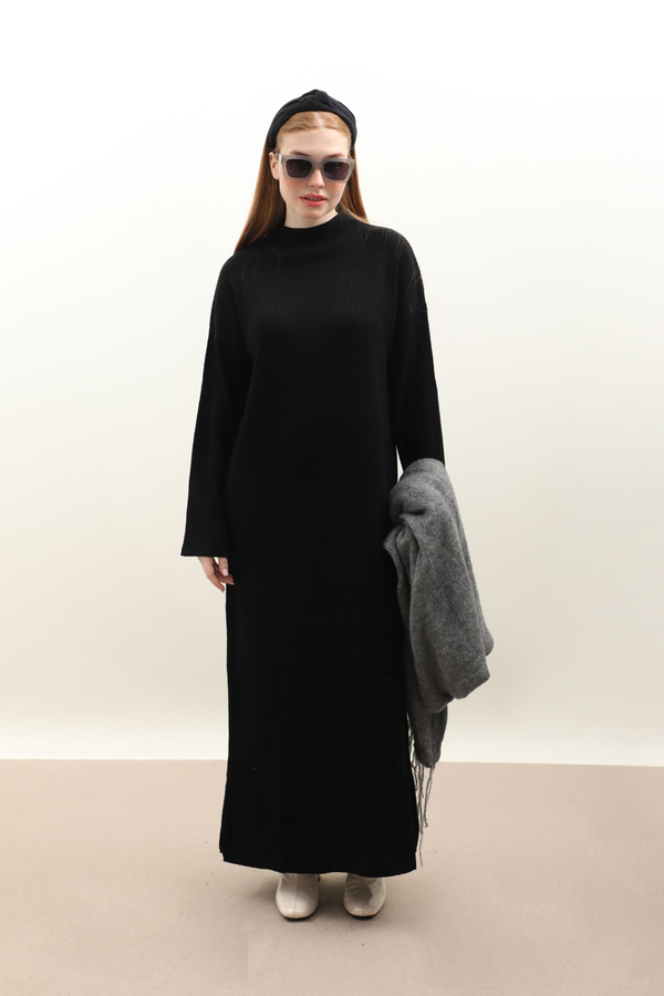 Dik Yaka Triko Elbise Siyah - 4