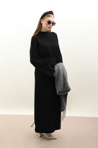 Dik Yaka Triko Elbise Siyah - 6