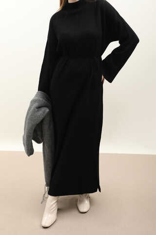 Dik Yaka Triko Elbise Siyah - 9