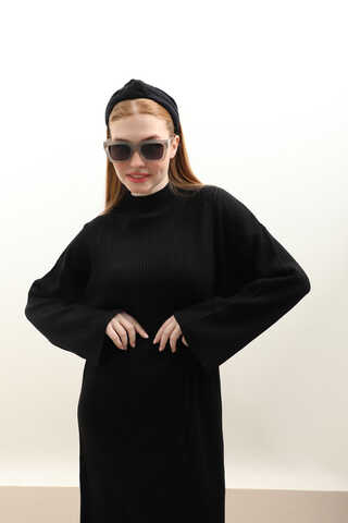 Dik Yaka Triko Elbise Siyah - 10