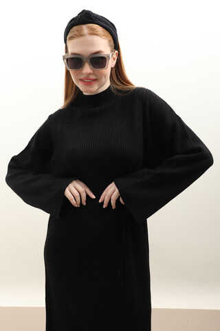 Dik Yaka Triko Elbise Siyah - 11