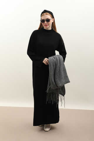 Dik Yaka Triko Elbise Siyah - 2