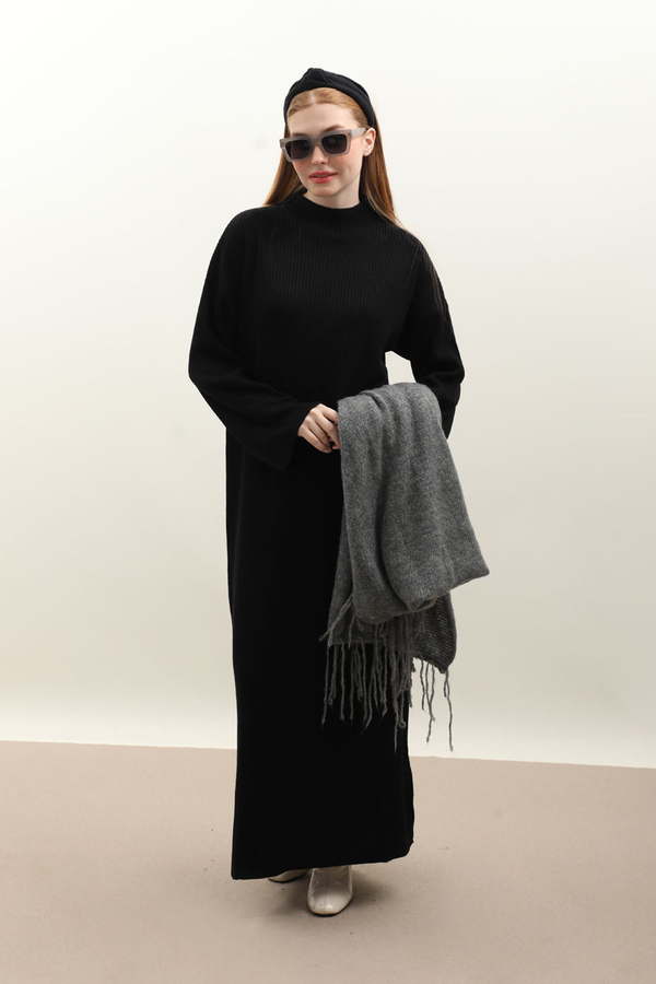 Dik Yaka Triko Elbise Siyah - 2