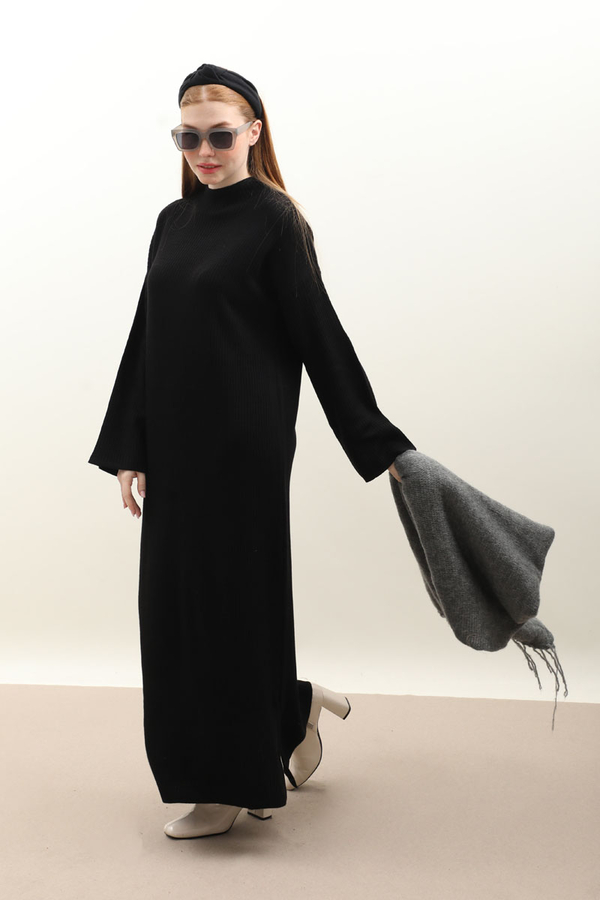 Dik Yaka Triko Elbise Siyah - 3