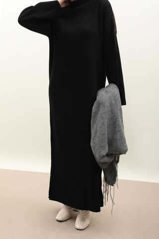 Dik Yaka Triko Elbise Siyah - 5