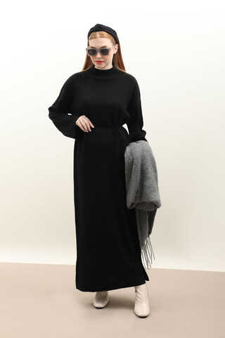 Dik Yaka Triko Elbise Siyah - 1