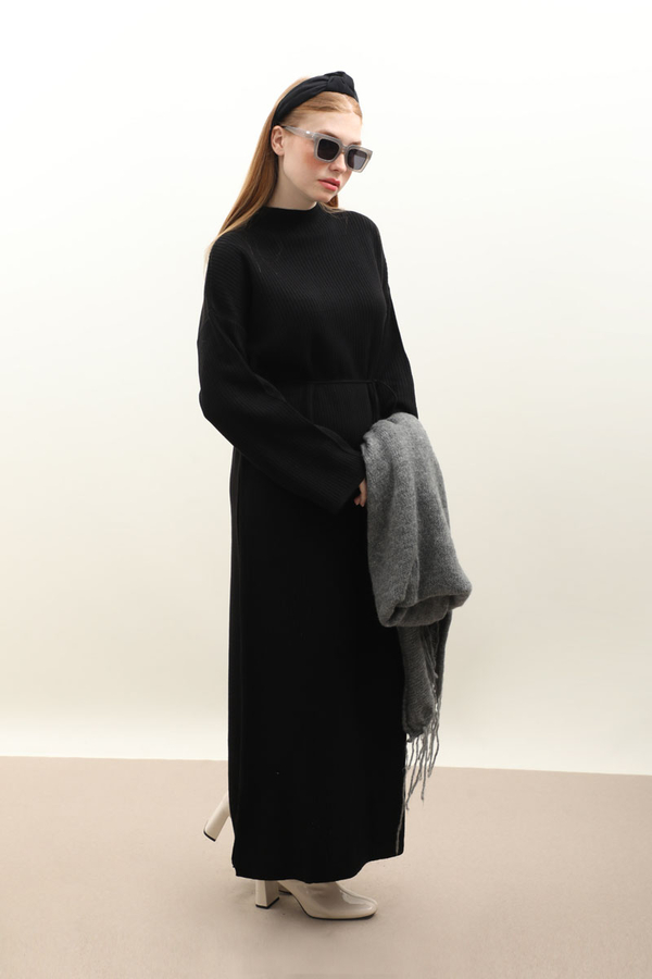 Dik Yaka Triko Elbise Siyah - 6