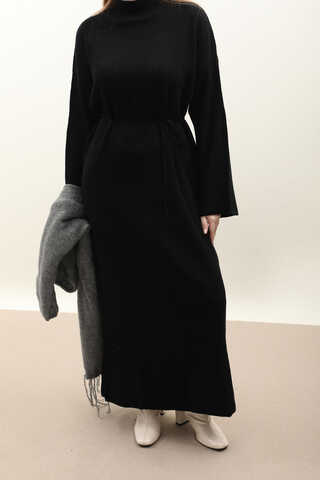Dik Yaka Triko Elbise Siyah - 8