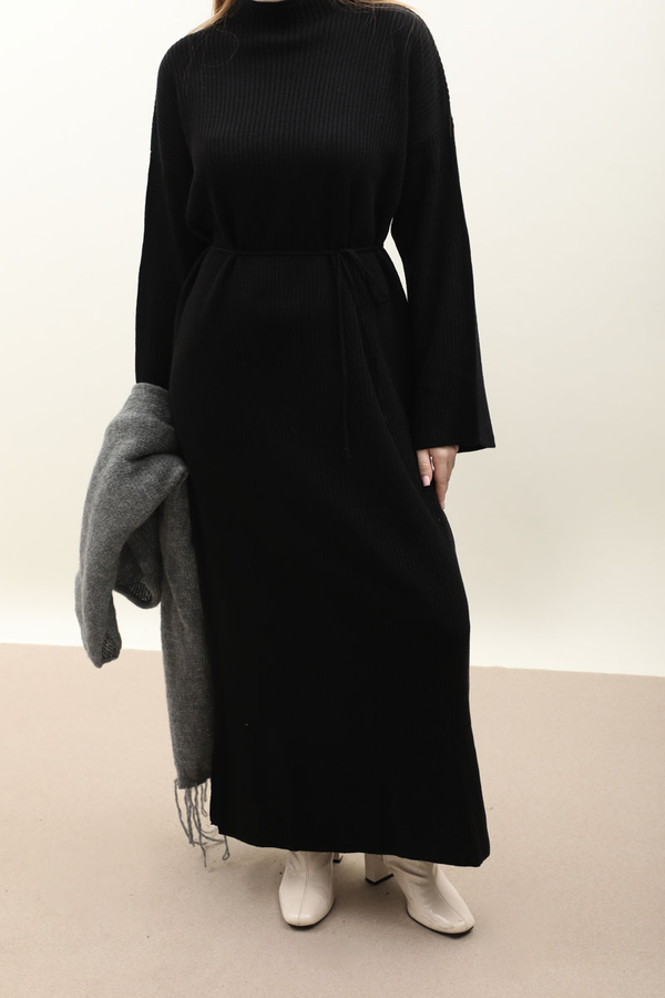 Dik Yaka Triko Elbise Siyah - 8