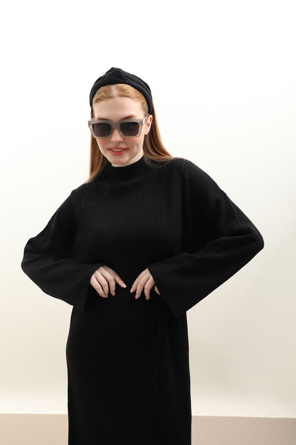 Dik Yaka Triko Elbise Siyah - 10