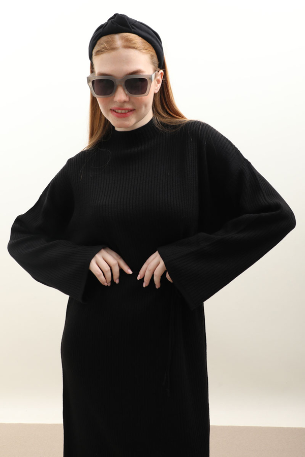 Dik Yaka Triko Elbise Siyah - 11