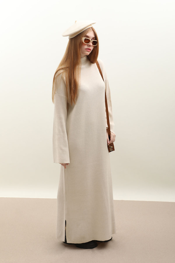 Dik Yaka Triko Elbise Taş - 1